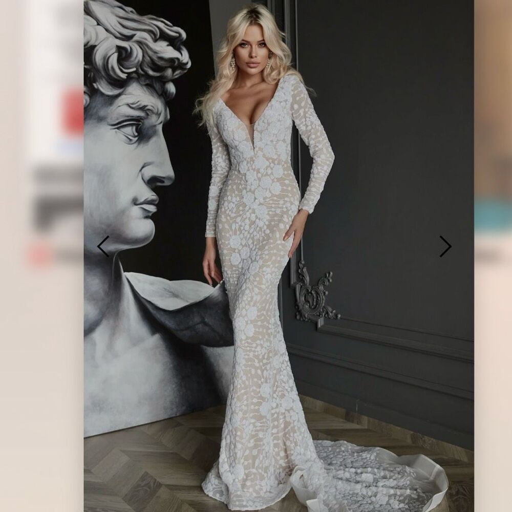 Tina Holly BB023 Floral Sequin Mermaid Wedding Dress Long Sleeve Size 4 NWT Whit